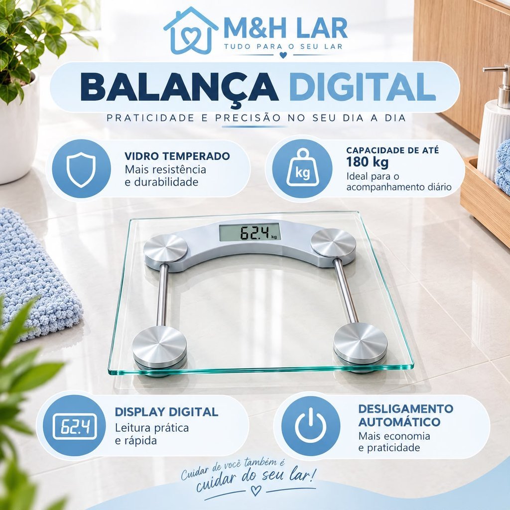 Balança Corporal Digital com Vidro Temperado Resistente até 180kg para Banheiro