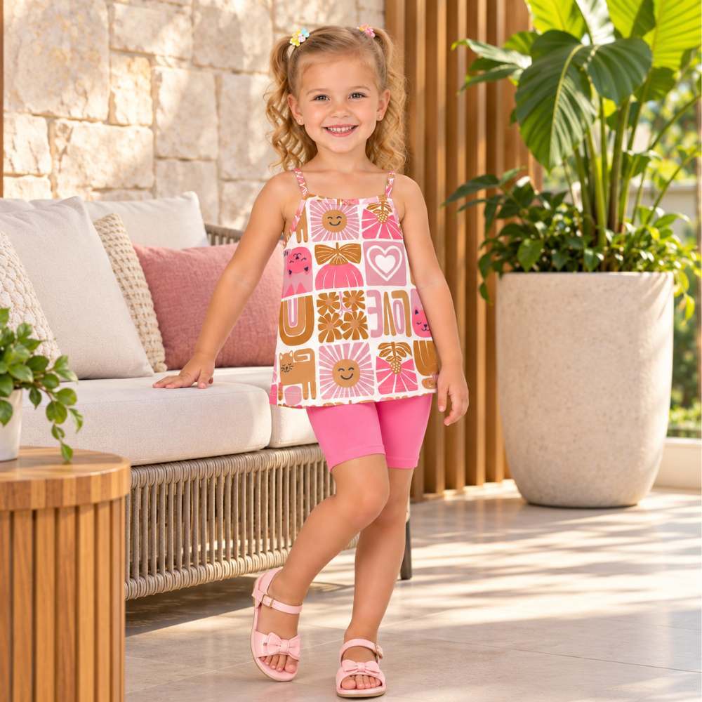 Conjunto Menina Kyly Regata em Algodão Estampada e Ciclista em Cotton 