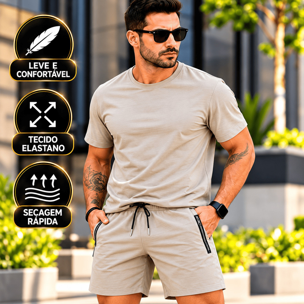 Conjunto Masculino Camiseta E Short Mauricinho Dry Fit Bermuda Poliamida Para Academia Bolso Com Zíper Secagem Rápida