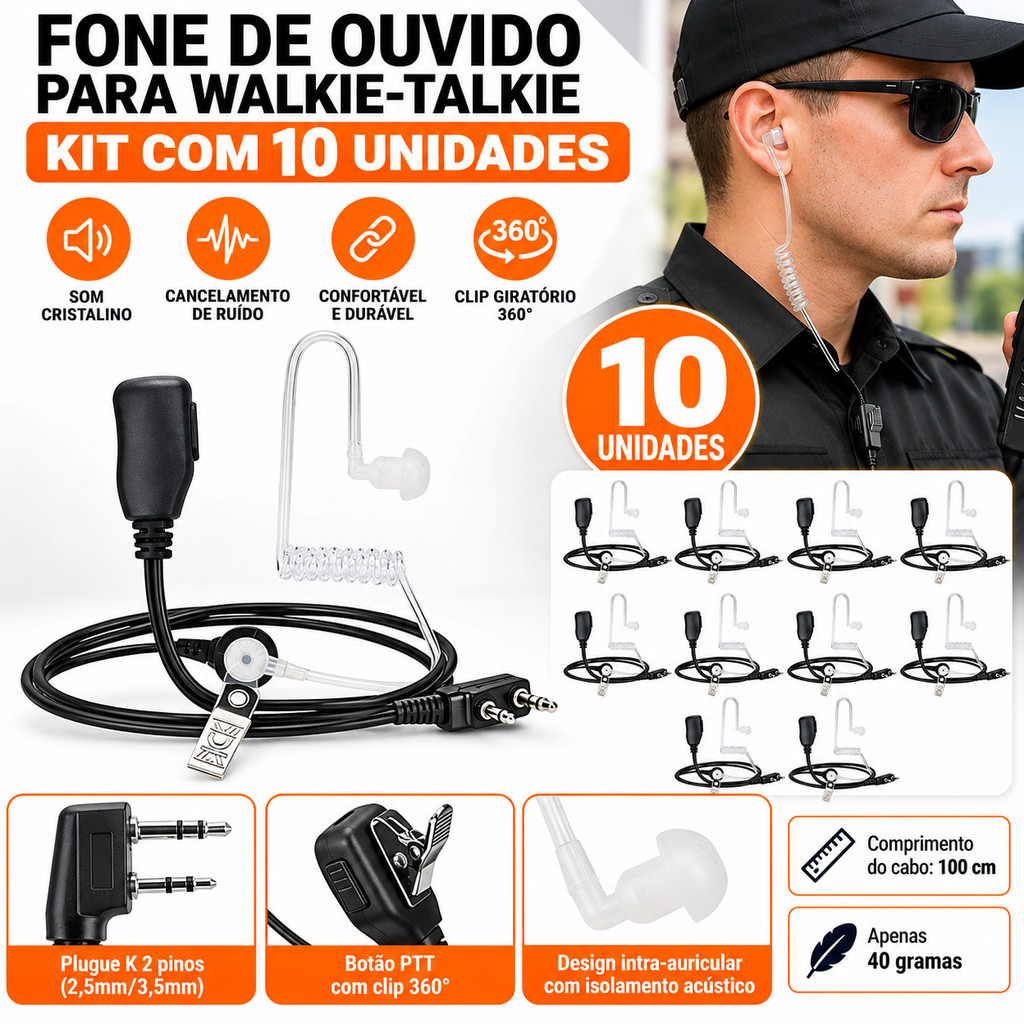 Kit 10 Fones Baofeng 777s/UV5R/UV82, Silicone, Rádio Comunicador, para Kenwood e Similares