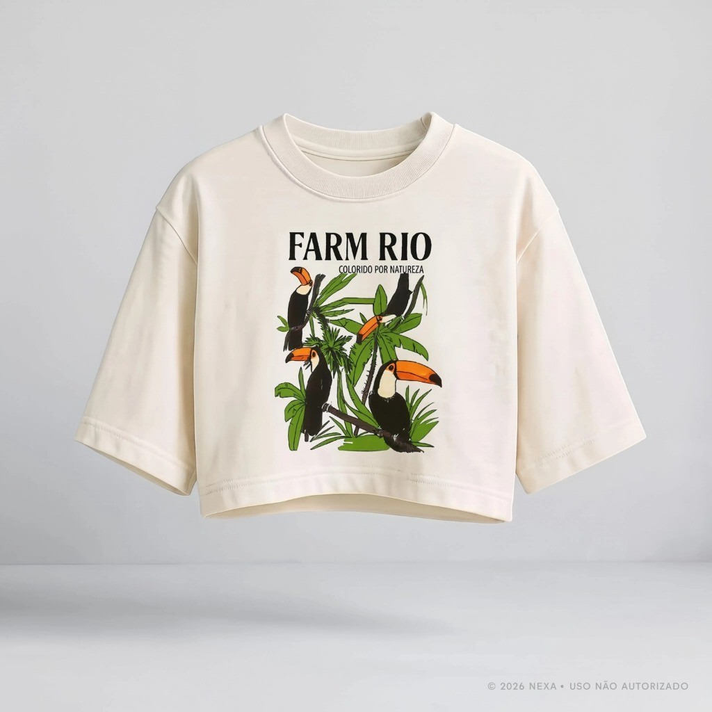 Cropped Feminino Oversized Estampado Tropical Tucano Blusa Algodão Verão Praia Viagem Férias Casual Soltinha Confortável