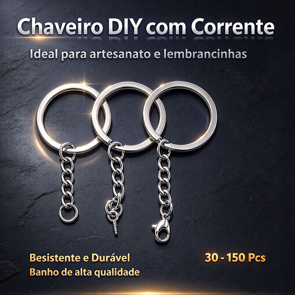Chaveiro Argola com Corrente Kit Atacado Dourado/Prata 30 - 150 Pcs Bijuteria Resina Pingentes Artesanato DIY