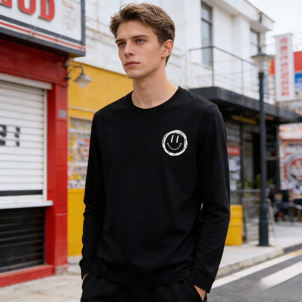 Algodão delicado macio moda impressa primavera verão masculino estiramento Bottoming Casual manga comprida camiseta A304