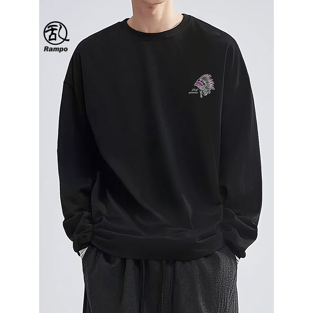Ranbu americano Retro indiano carta impressa camiseta solta 220G algodão pesado manga comprida em torno do pescoço camis
