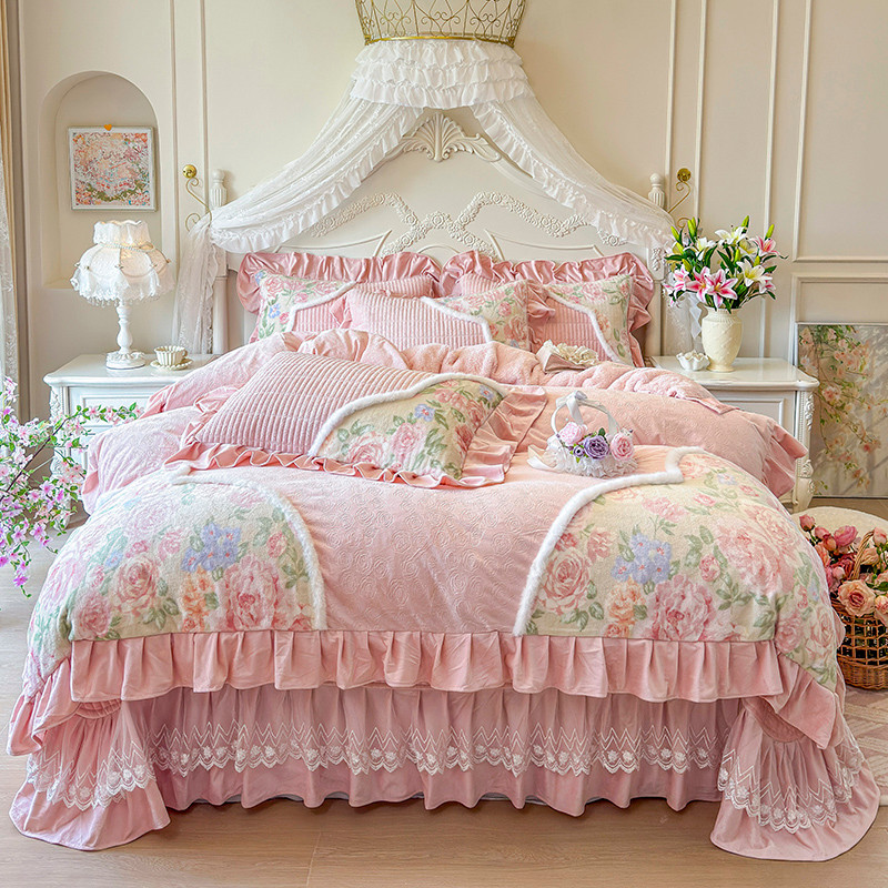 Inverno engrossado bebê velo acolchoado capa de cama conjunto de quatro peças estilo princesa Pastoral coelho pelúcia co