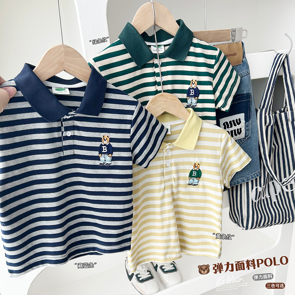 Meninos camisas polo de manga curta médio grande crianças estilo ocidental listrado verão 2026 roupas infantis camisetas