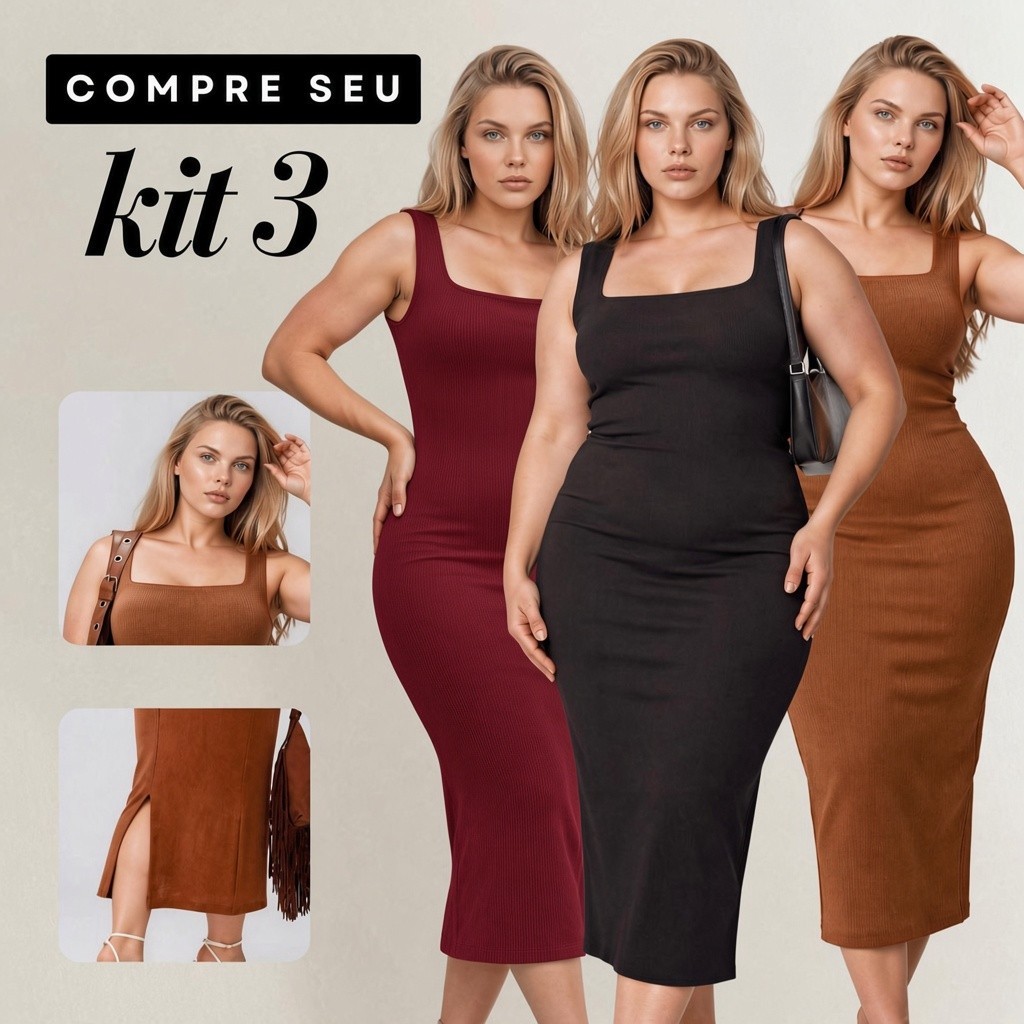 Kit 3 Vestido Longo Alça Grossa Festa Fenda Lateral Elegante Casual