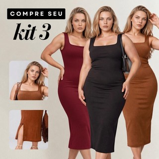 Kit 3 Vestido Longo Alça Grossa Festa Fenda Lateral Elegante Casual