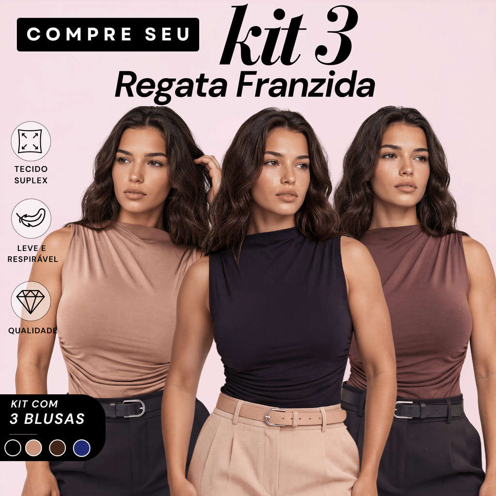 Kit 3 Blusas Feminina Regata Gola Alta Drapeada Assimétrica Plissada Básica