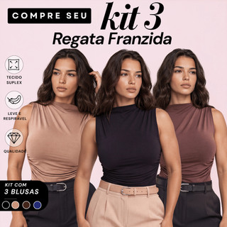 Kit 3 Blusas Feminina Regata Gola Alta Drapeada Assimétrica Plissada Básica