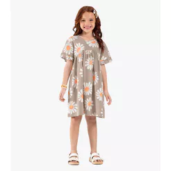 Vestido Infantil Com Estampando Flores Trick Nick Bege