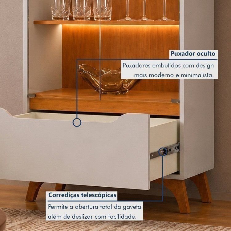 Cristaleira 2 Portas 1 Gaveta 3 Prateleiras com LED Pés em Madeira Maciça Grecia New Bege/Off Whit Off White/Naturalle · foto 2