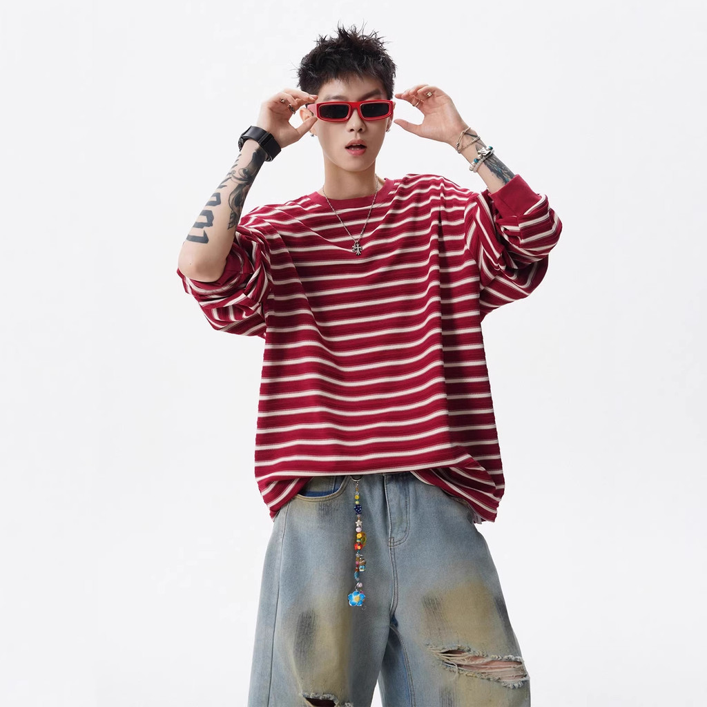 American Street Wear listrado manga comprida camiseta masculina primavera americano vintage contraste cor casal topos Al