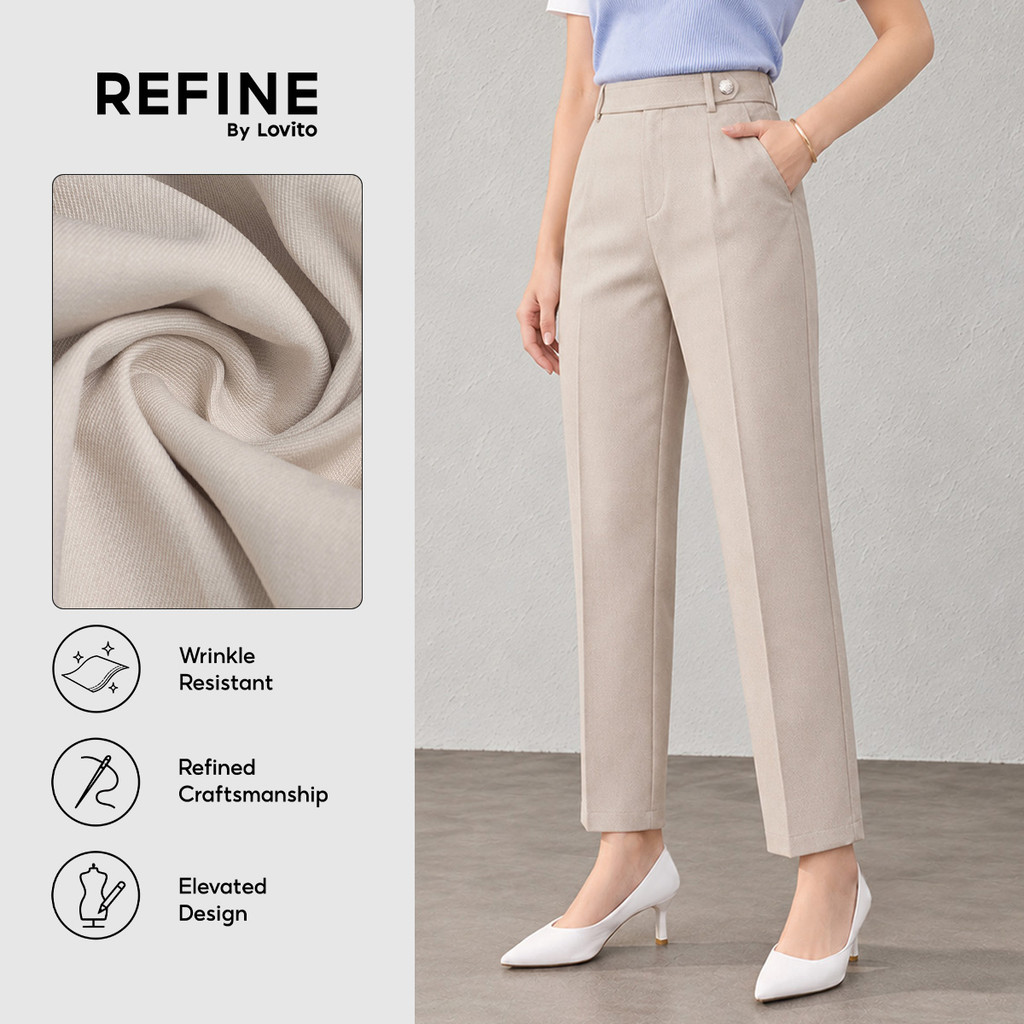(Refine by Lovito) Calça Feminina Cor Damasco Cintura Média Afunilada Estrutura Assimétrica Resistente A Vincos Para Trabalho Escritório PTR43P1D113