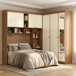 Guarda Roupa Casal Modulado com Espelho e Cabeceira 7 Portas 4 Gavetas Lugano Bege/Jatobá/Areia Jatoba/Areia