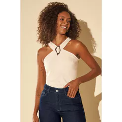 Blusa Feminina Decote Cruzado Fivela Marialícia Bege