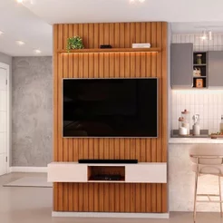 Painel Ripado para TV até 60 Polegadas com LED MDF 143CMX240CM Trento Freijó/Off White