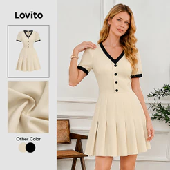 Lovito Casual Vestido sofisticado com contraste e botões frontais para primavera/verão cor cáqui L157LD244
