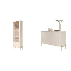 Kit 2 Peças com Cristaleira, Buffet Vidro e Pés em Metal 100% MDF Tucupí Bege