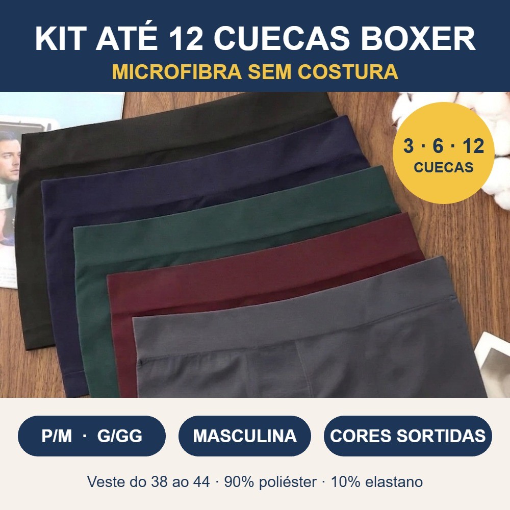 Kit até 12 Cuecas Boxer Masculina Microfibra Sem Costura Adulto Cores Sortidas P/M G/GG