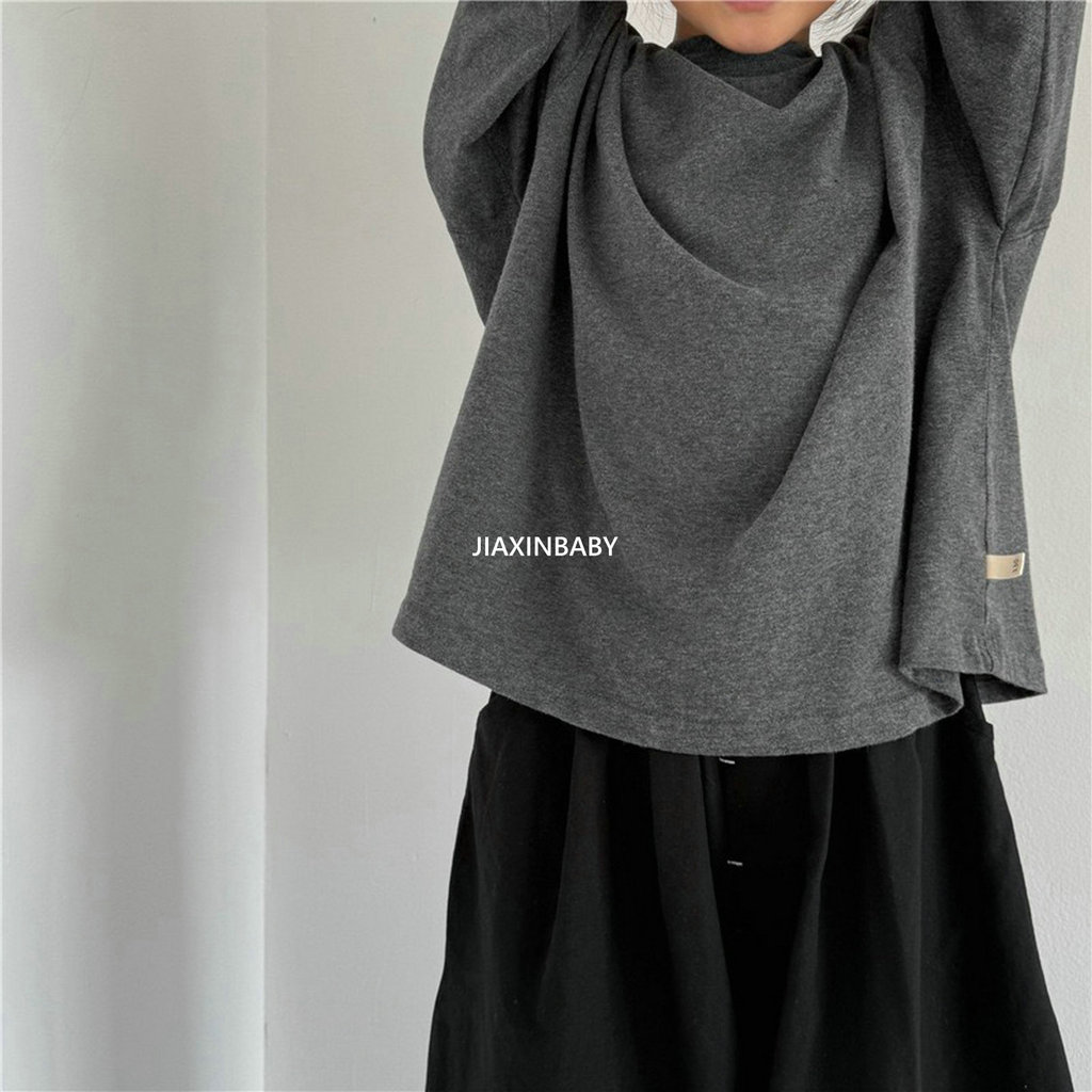 Crianças estilo preguiçoso solto camiseta 26 primavera outono meninos meninas cor sólida manga comprida camiseta bebê ma