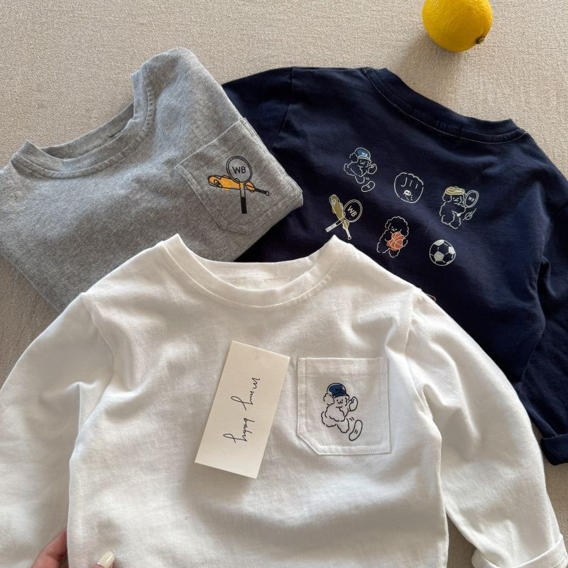 Algodão puro primavera outono novo estilo crianças de manga comprida camiseta meninos dos desenhos animados bebê médio p