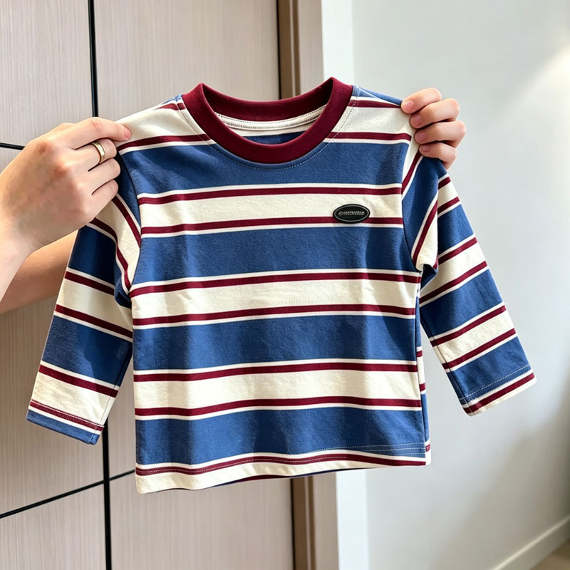 Algodão puro crianças de manga comprida camiseta primavera outono novo estilo menino bebê versão coreana bonito listrado