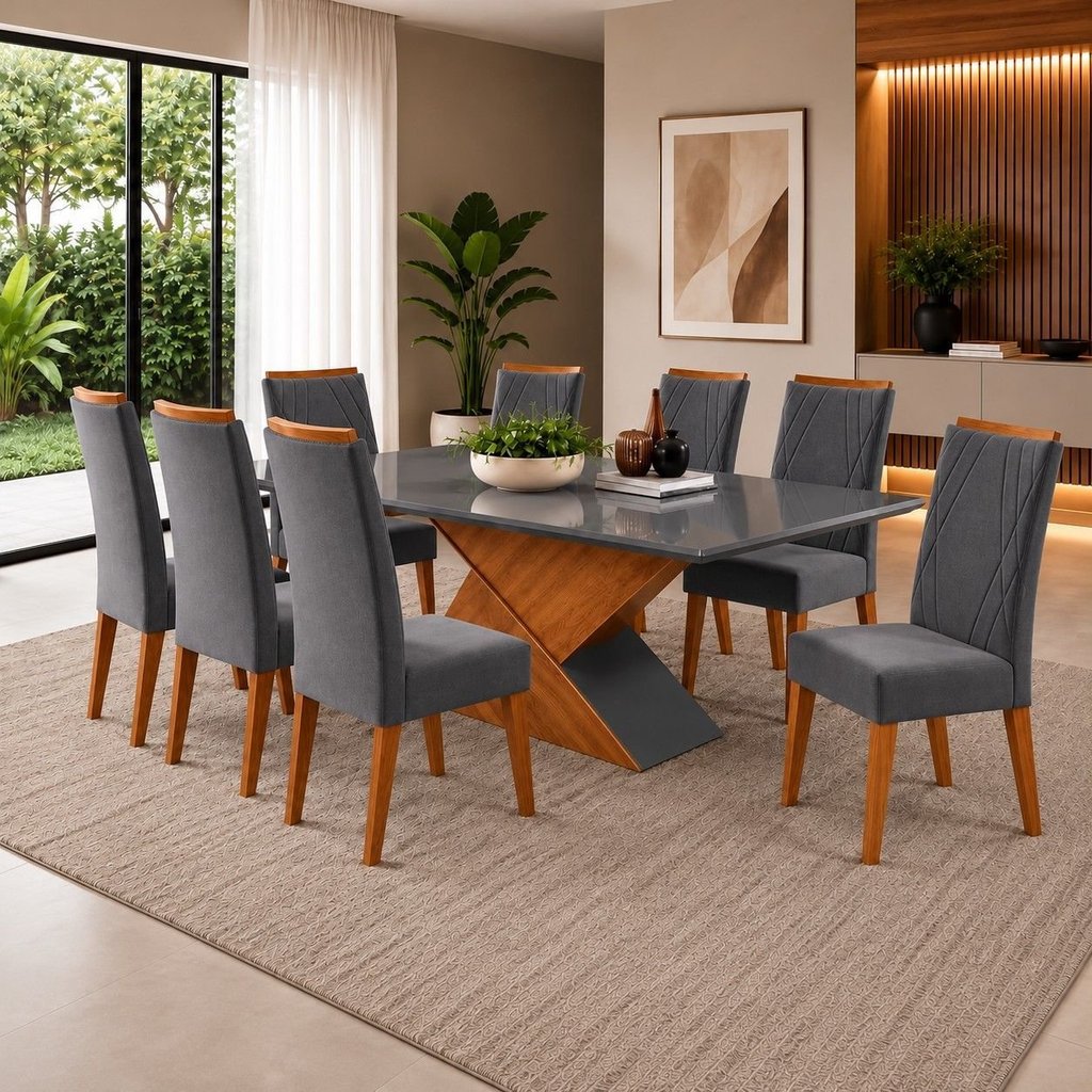 Mesa de Jantar Retangular Pipa com 8 Cadeiras Madeira Maciça Vegas Yescasa Cinza/Mel/Grafite Mel/Cinza/Grafite
