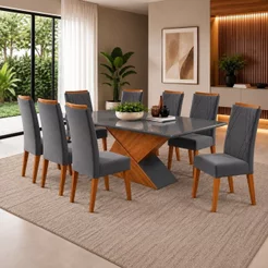 Mesa de Jantar Retangular Pipa com 8 Cadeiras Madeira Maciça Vegas Yescasa Cinza/Mel/Grafite Mel/Cinza/Grafite