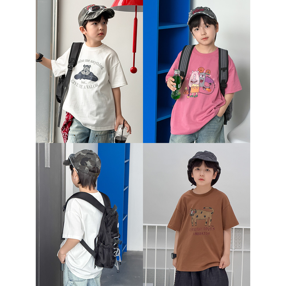 Yima meninos algodão manga curta camiseta crianças verão estilo fino bebê carta dos desenhos animados impressão Casual c