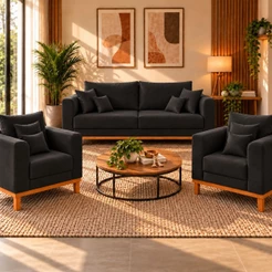 Kit Sofá 3 Lugares e 2 Poltronas Sala de Estar Beny Suede Preto Madeira Estofados
