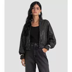 Jaqueta Feminina Lantejoula Glow Com Zíper Dianna Preto