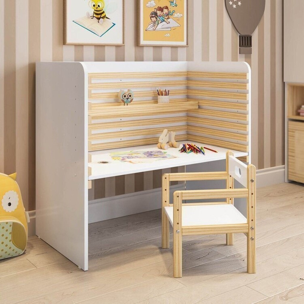 Conjunto Infantil com Escrivaninha e Cadeira Evolutiva Wave Casatema MadeiraOriginals Branco/Marrom