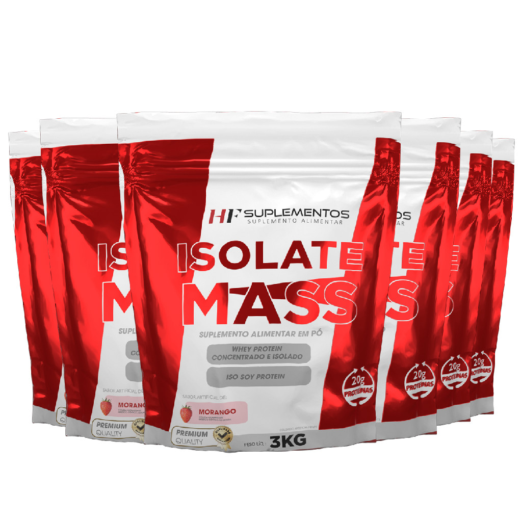 Kit 6 unidades Hipercalórico Isolate Mass Morango 3KG Em Pó HF Suplementos – Energia, Massa Muscular e Desenvolvimento!