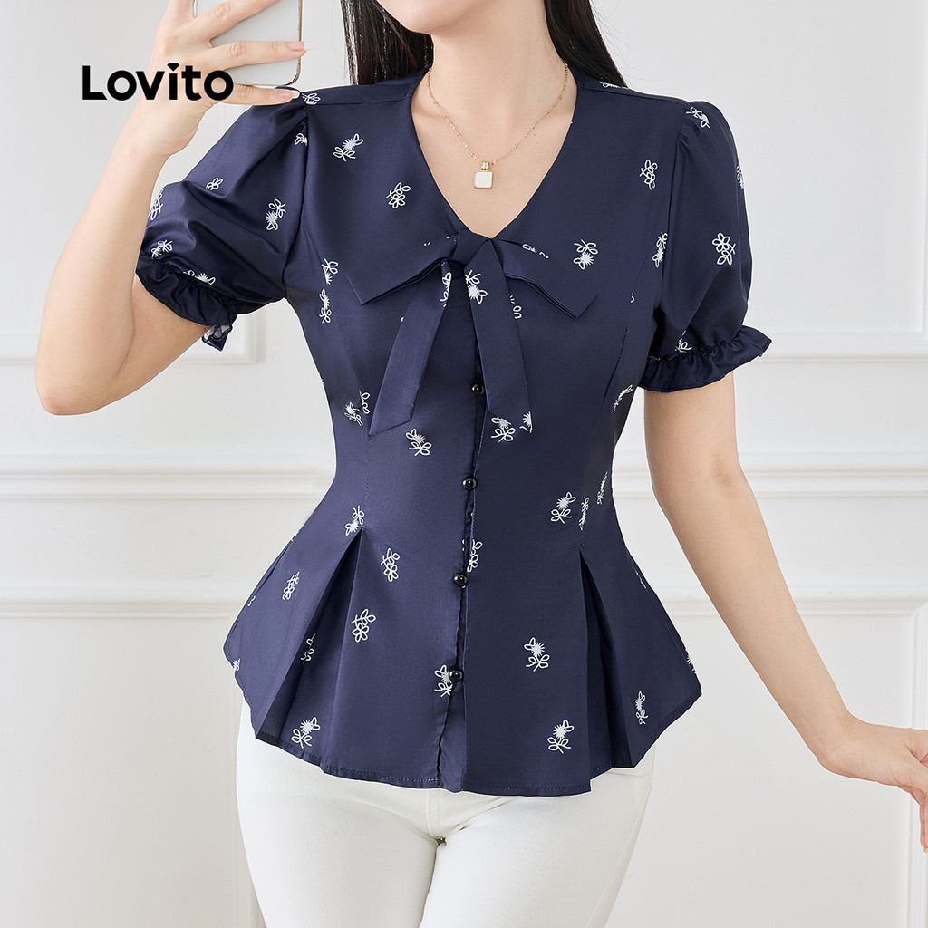 Detalhes do Lovito Blusa Feminina Azul Escuro Laço Plissada Botões Frontais Primavera/verão L154LD162