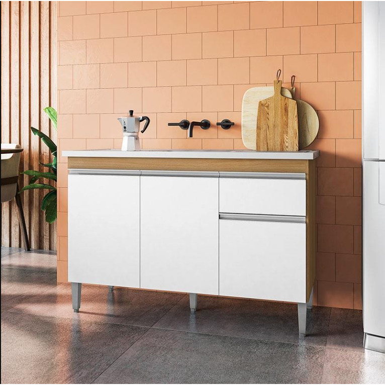 Gabinete de Pia Tatiane 120cm Amêndoa/Branco Balcão para Cozinha AJL Móveis SEM TAMPO