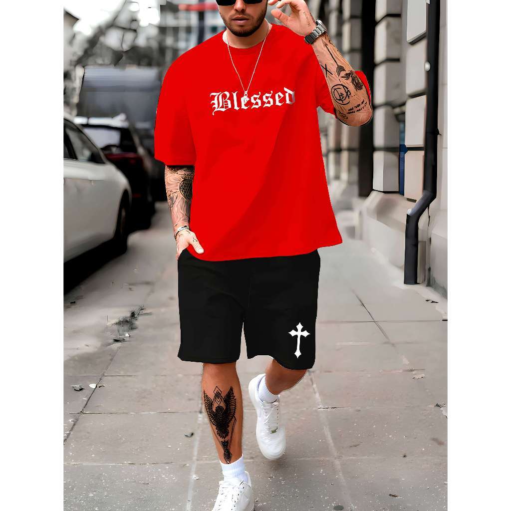 Kit Camiseta e Short Tactel Conjunto Masculino Blessed Camisa Algodão Envio Imediato