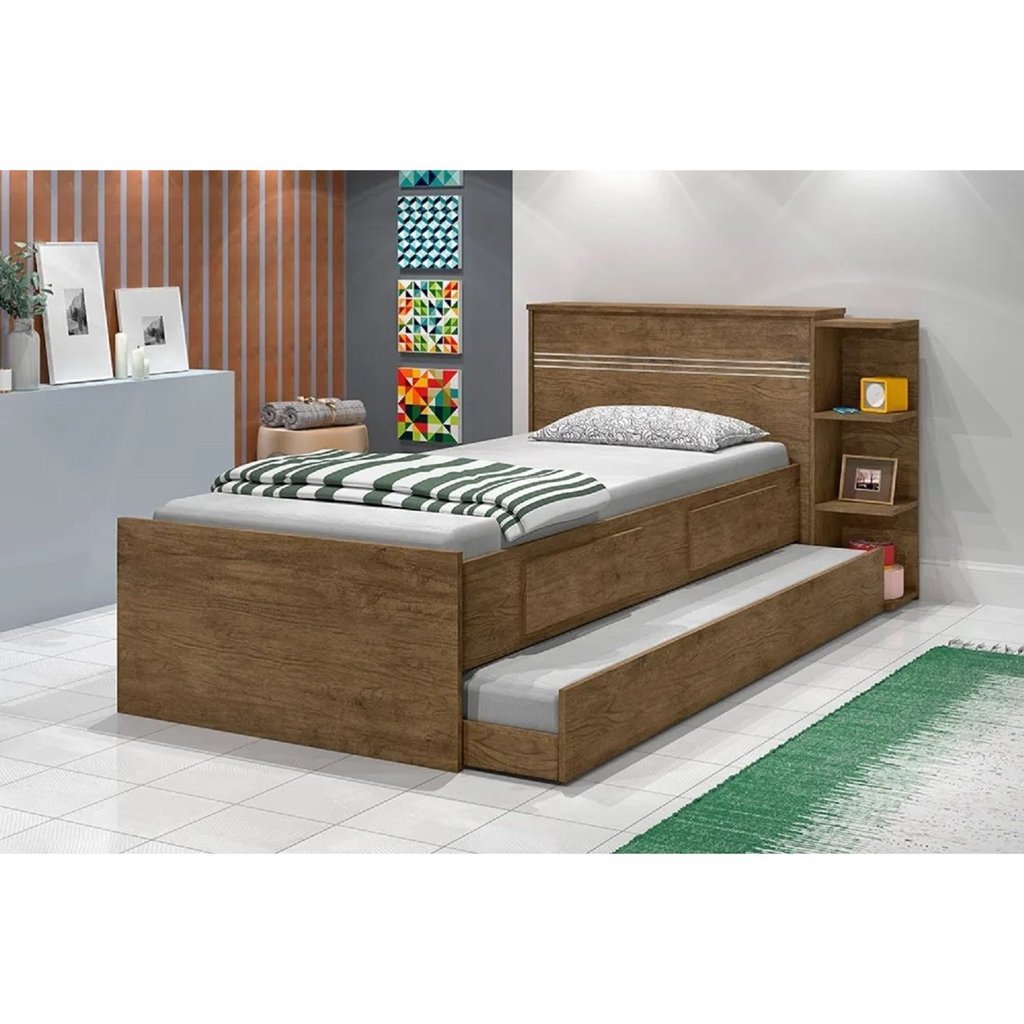 Cama Solteiro com Baú 2 Gavetas e Cama Auxiliar Jade  Jequitibá em Oferta na Shopee