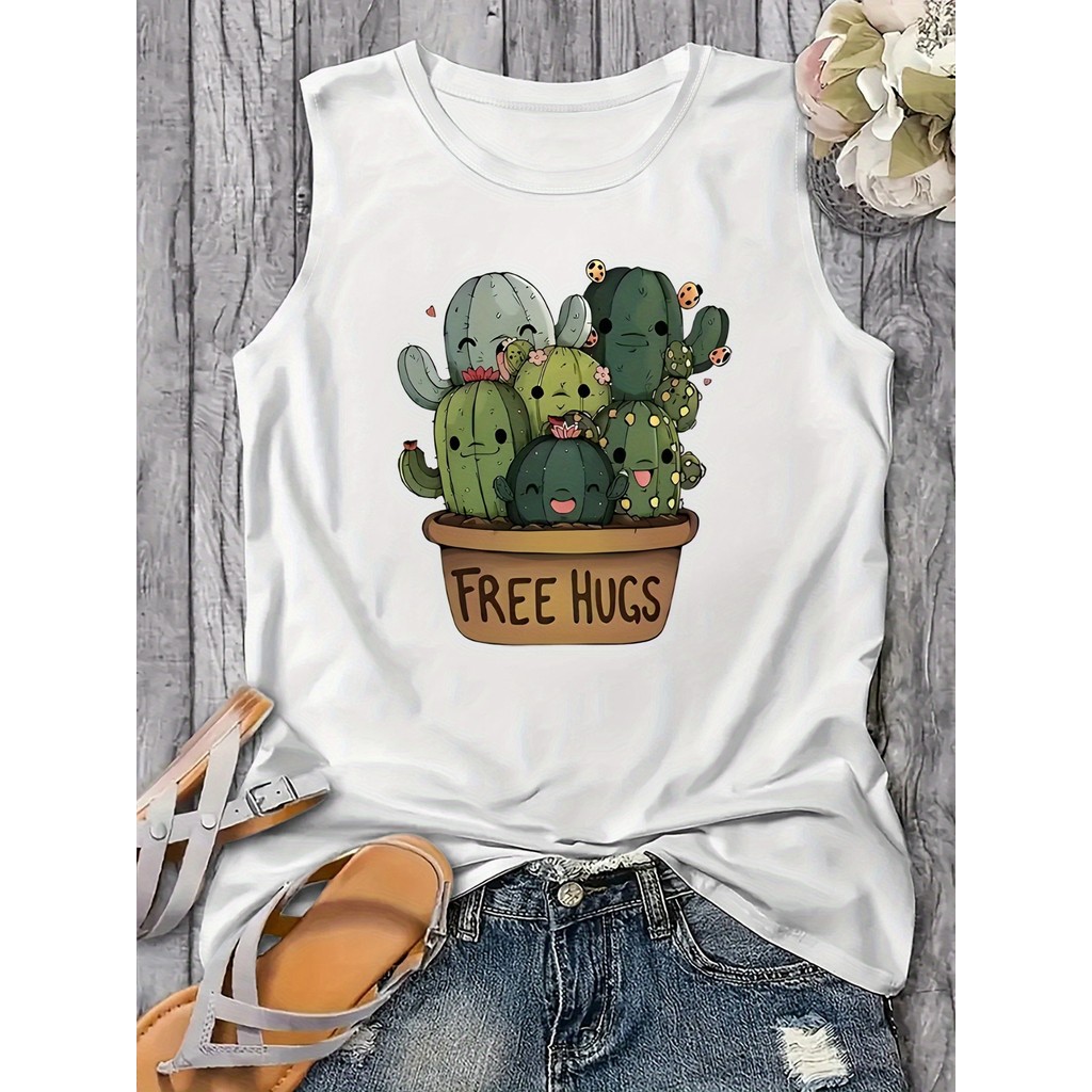 Regata Feminina Estampa de Cacto "Free Hugs" Camiseta sem Manga Estilosa e Casual 100% Algodão