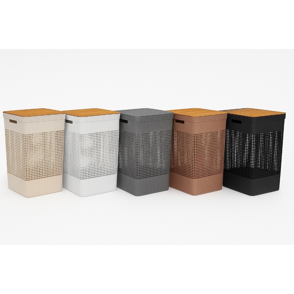 Cesto de Roupas Grid 49L com Tampa Bambu ou Plástico – Organizador Lavandeira OU