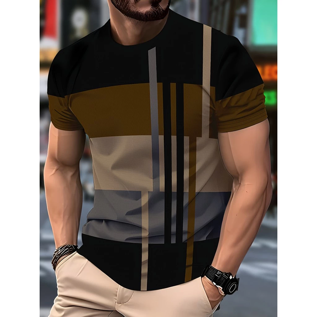 Camiseta Masculina Casual Colorida Em Bloco – Elegante Preto , Bege E Cinza Com Listras Verticais , Gola Redonda , Laváv — imagem 1