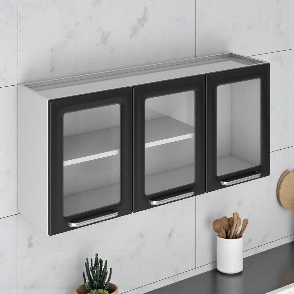 Armário de Cozinha em Aço 3 Portas com Vidro 120cm Dobradiças Slow Motion Tarsila Itatiaia  Preto/Branco em Oferta na Shopee
