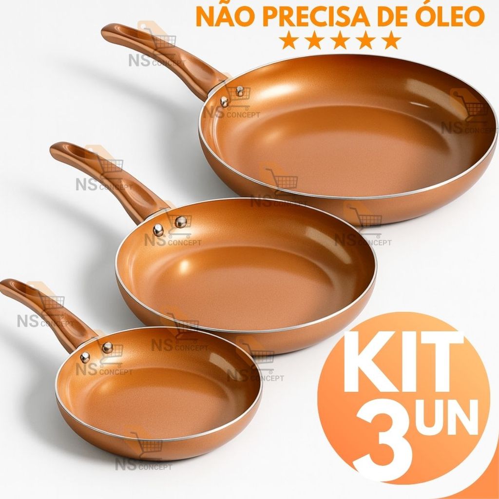 Imagem Jogo 3 Frigideiras de Cerâmica Antiaderente Cobre Premium, Cabo Ergonômico Revestimento Durável Cozinha Moderna