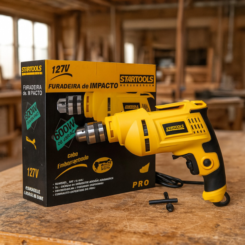 Furadeira Elétrica Amarela Parafusadeira 127V Perfurar Madeira Metal Concreto Brocas Ferramenta