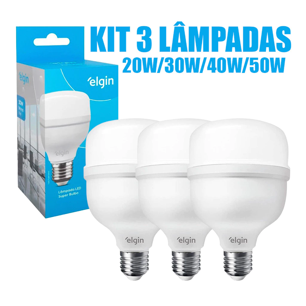 Kit 3 Lâmpadas Led Elgin Bulbo Alta Potência 20w 30w 40w 50w Bivolt 110/220V 6500k Luz Branco Frio