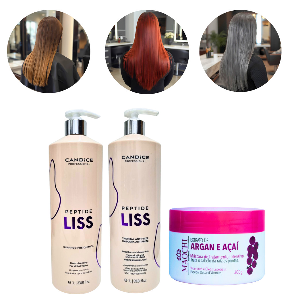 Kit Alisamento Capilar Profissional Escova Progressiva Orgânica Peptide Liss+Sh+Masc Neutralizante Maochi Argan e Açaí