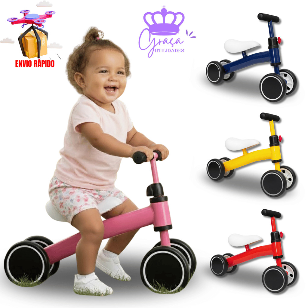 Bicicleta Andador de Equilíbrio Infantil Bibi Bike Andador Sem Pedal 4 Rodas Aprender a Pedalar Rosa Azul Vermelho