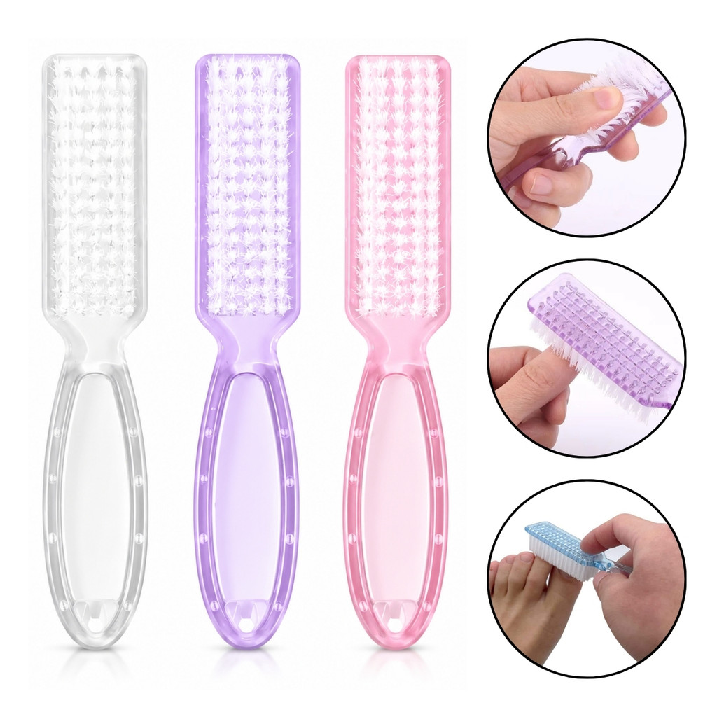 Kit 3 Escovinha Cabo Manicure Pedicure Limpeza Pó Unhas Gel Higiene Acabamento Unha
