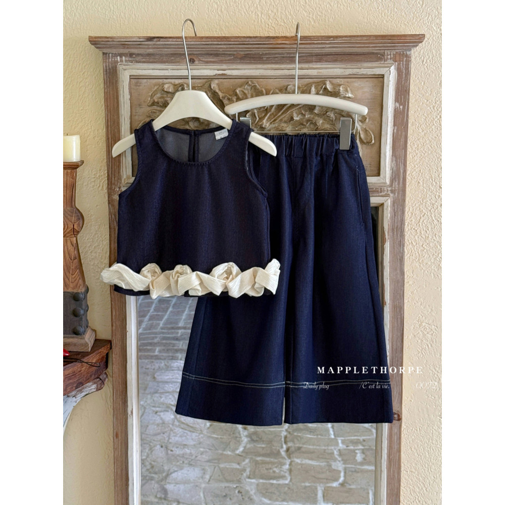 Meninas terno estilo verão bebê estilo coreano moda conjunto inteiro usar crianças moda Tencel Denim colete calças de pe