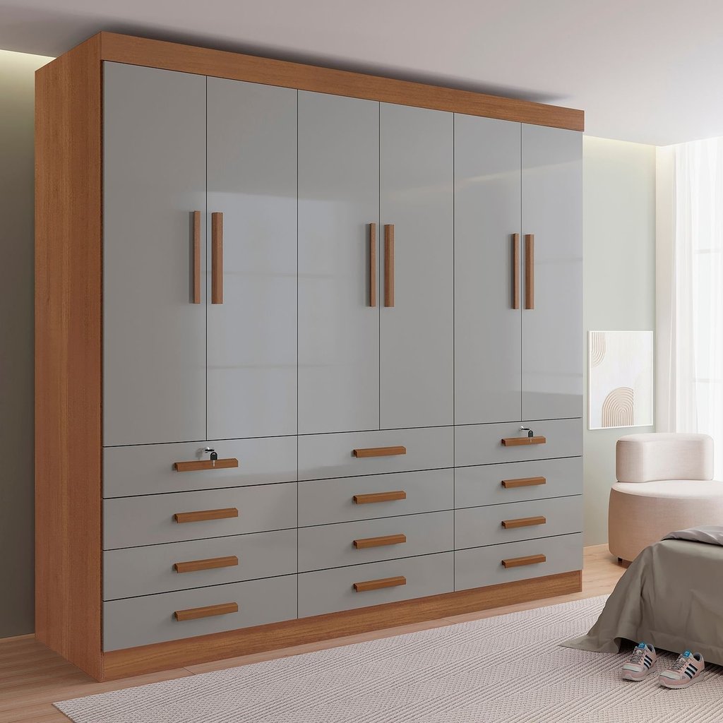 Guarda Roupa Casal MDF 6 Portas 12 Gavetas Marselha Plus Marrom/Cinamomo/Off White Cinamomo/Off White
